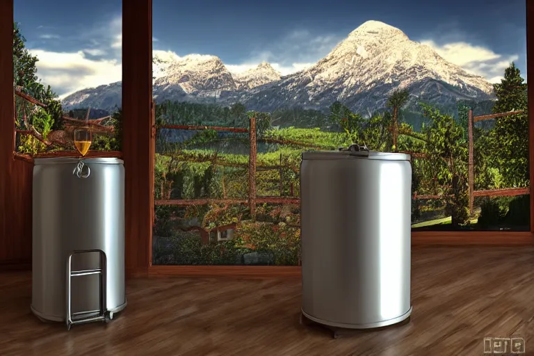 Image similar to a beer keg with mountain views, digital art