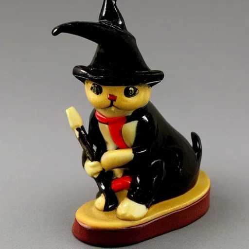 Image similar to a ceramic figure of a retro kitten wearing a witch hat and riding a broom