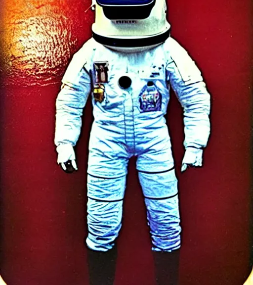 Prompt: A photo taken at night of 1980s VR spacesuit designed by US Army, scary athmosphere, dark, single vague light, desert military base, desatured colors, slightly old Polaroid photo found in the attic