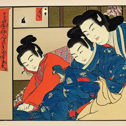 Image similar to Kurdish family, woodblock print by the Japanese ukiyo-e artist Hokusai, incredibly detailed, award winning art