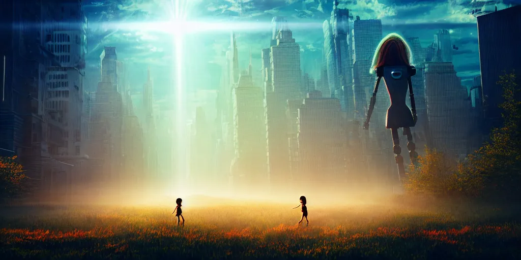 Image similar to sci - fi scene future new york cityscape, little girl in manhattan holding hand of giant robot, lonely girl, forest punk, crepuscular rays, epic scene, hyper realistic, photo realistic, overgrowth, cinematic atmosphere, ethereal lighting,