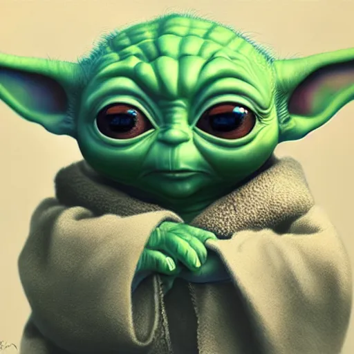 Image similar to baby yoda, portrait, concept art by doug chiang cinematic, realistic painting, high definition, concept art, portait image, path tracing, serene landscape, high quality, highly detailed, 8 k, soft colors, warm colors, turbulent sea, high coherence, anatomically correct, hyperrealistic, concept art, defined face, symmetrical 5