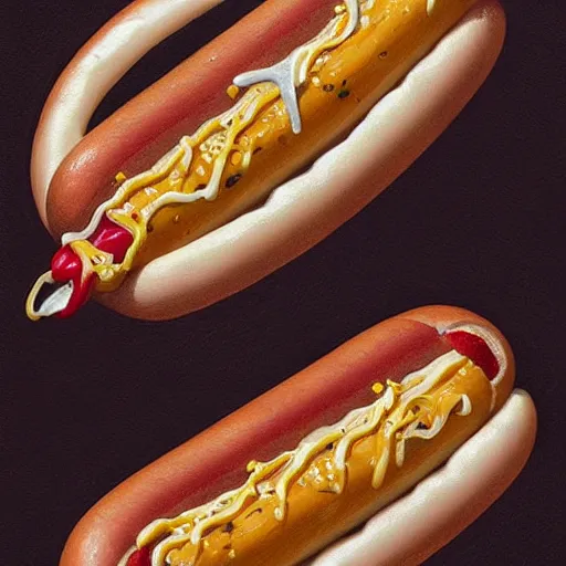 Image similar to hot dog with teeth sprouting out of bun, mustard dripping from teeth, side of ketchup, fantasy, intricate, elegant, highly detailed, digital painting, artstation, concept art, matte, sharp focus, illustration, art by artgerm and greg rutkowski and alphonse mucha