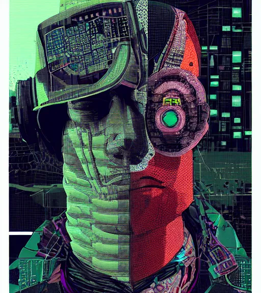 Image similar to a cyberpunk man with a glitching patchwork face of various people, techwear, Industrial Scifi, detailed illustration, character portrait, by Martin Grip and Moebius