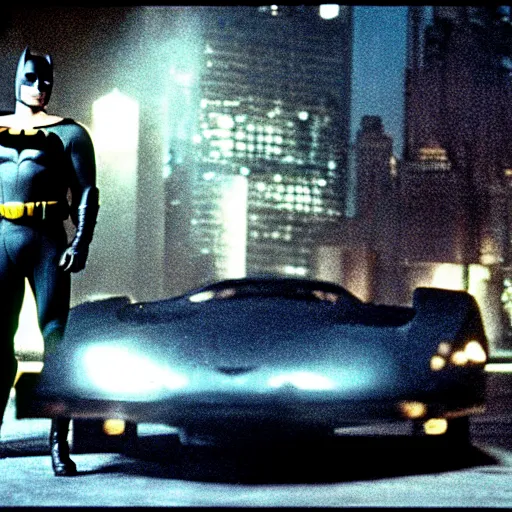 Prompt: henry cavill as batman in batman ( 1 9 8 9 ), standing next to the batmobile, by tim burton, dark deco, gotham city, film still