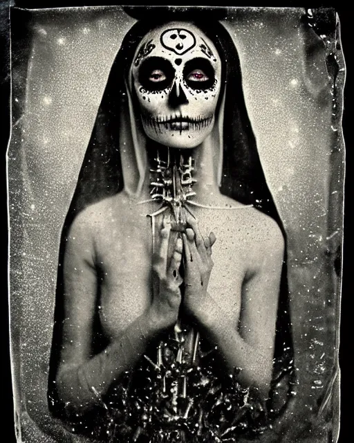 Image similar to tintype virgin mary dressed in dia de muertos makeup high quality photo, microchip, artificial intelligence, bio - mechanical bio - luminescence, black wired cables, neurons, nerve cells, cinematic, rim light, photo - realistic, high detail, 8 k, masterpiece, high fashion, in the style of steven meisel dora maar h. g. giger