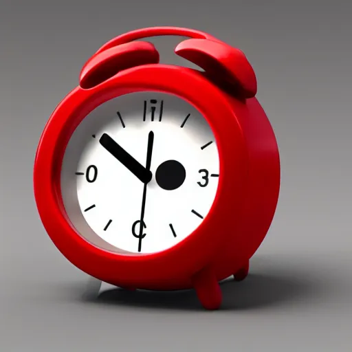 Image similar to Very tiny red alarm clock that looks like the iOS emoji and has the same colors, 3D clay render, 4k UHD, white background, isometric top down left view, diffuse lighting, zoomed out very far