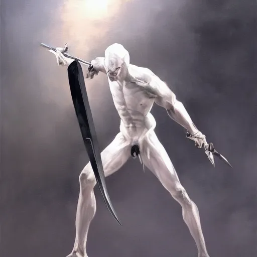 Prompt: long shot, fantasy painting of a pale man with a black blade, painted by Bayard Wu, ultra detailed, 8k