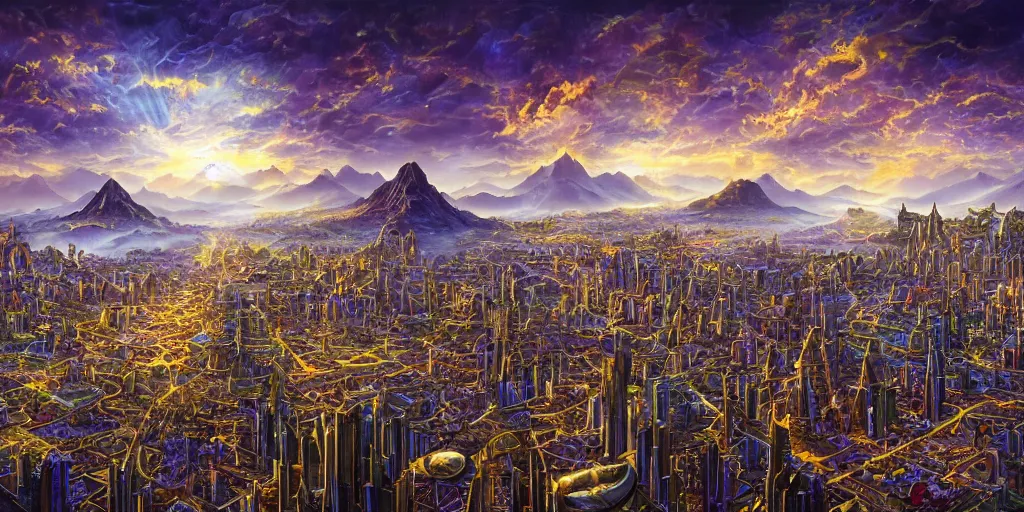 Prompt: balanced fantasy masterpiece, bird's eye vista view, high - tech atlantean civilization, mayan, chrome, gold, amethyst, highrise city, extremely detailed, distant mountains, bright clouds, luminous sky, bright cinematic lighting, michael cheval, michael whelan, airbrush digital oil painting, vray, 8 k hd