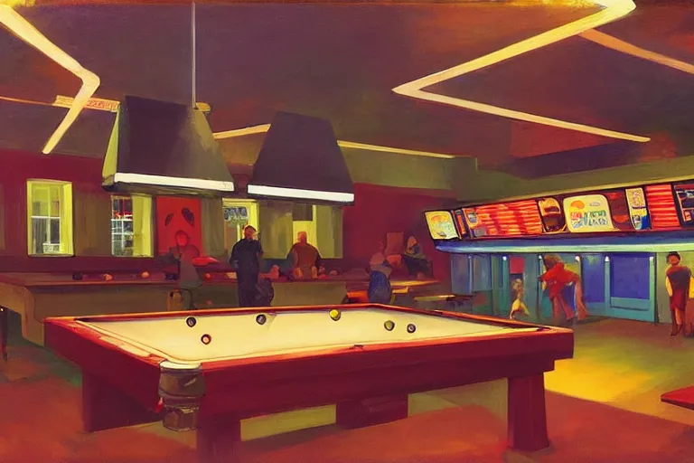 Image similar to a space station bar in jupiter with humans playing pool interacting and drinking, artstation, concept art by edward hopper, colorful lighting