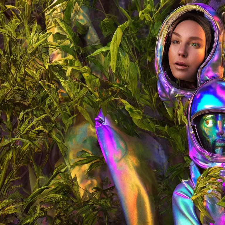 Image similar to octane render portrait by wayne barlow and carlo crivelli and glenn fabry, subject is a woman covered in tie - dye hoodie with iridescent metallic space helmet, surrounded by alien plants, cinema 4 d, ray traced lighting, very short depth of field, bokeh