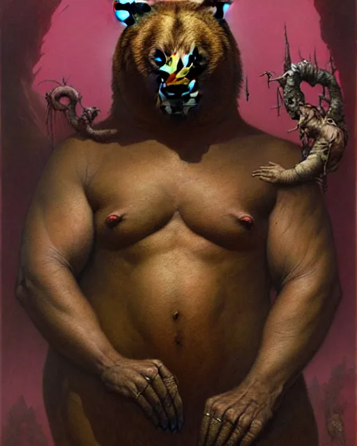 Image similar to portrait of bear in the style of wayne barlowe, gustav moreau, peter mohrbacher, bussiere, roberto ferri, santiago caruso, luis ricardo falero, austin osman spare, boris vallejo, hajime sorayama, frazetta