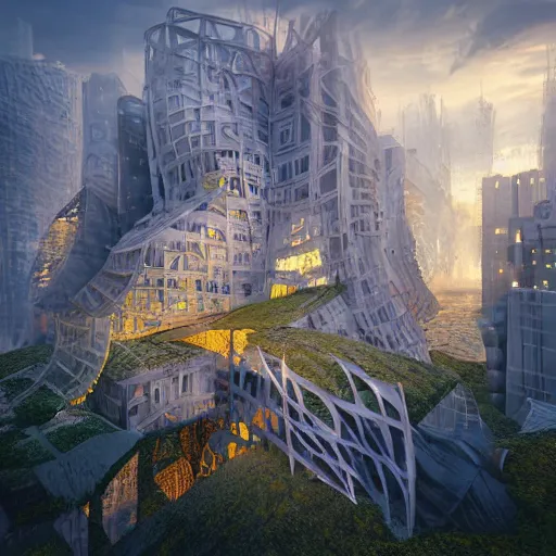 Prompt: ridge night city geometric detailed digital art fantasy cryengine render by victo nagi, frank gehry, andreas franke, rhads, alex grey