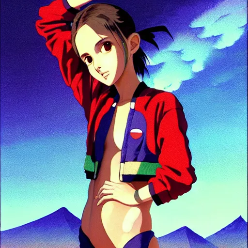 Image similar to beautiful boyish natalie portman gravure model in majora's mask, wearing big mayan bomber jacket with overalls and leotard, big bomber jacket with subtle mayan patterns, aztec bathing suit, gapmoe yandere grimdark, trending on pixiv fanbox, painted by greg rutkowski makoto shinkai takashi takeuchi studio ghibli, akihiko yoshida