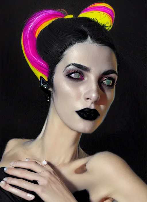 Image similar to portrait of an israeli woman with a crooked nose and a confident expression, 1 9 6 0 s, black clothes, goth, punk, brightly coloured hair, funk, intricate, elegant, highly detailed, digital painting, artstation, concept art, smooth, sharp focus, illustration, art by wlop, mars ravelo and greg rutkowski