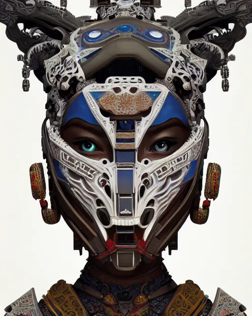 Image similar to portrait of a machine from horizon zero dawn, machine face, upper body, decorated with chinese opera motifs, asian, traditional chinese art, intricate, elegant, highly detailed, digital painting, artstation, concept art, smooth, sharp focus, illustration, art by artgerm and greg rutkowski and alphonse mucha, 8 k