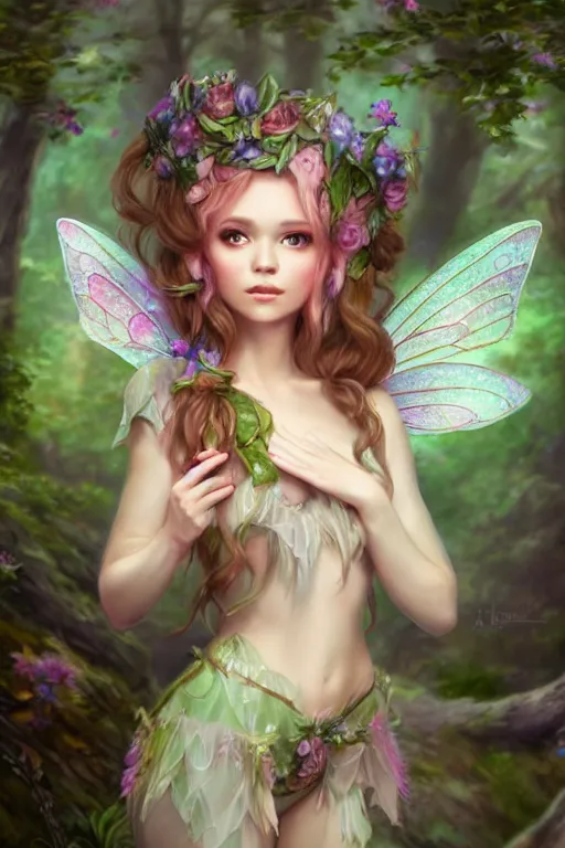 Image similar to a cute fairy in the dreamy forest, fantasy, 8 k resolution, hyper detailed, d & d, character design, digital painting, trending on artstation, sharp focus, illustration, art by artgerm, steve zheng, fuji choko, viktoria gavrilenko, hoang lap