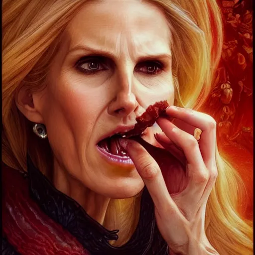 Image similar to Ann Coulter eating Wendy's baconators, closeup, D&D, fantasy, intricate, elegant, highly detailed, digital painting, artstation, concept art, matte, sharp focus, illustration, art by Artgerm and Greg Rutkowski and Alphonse Mucha