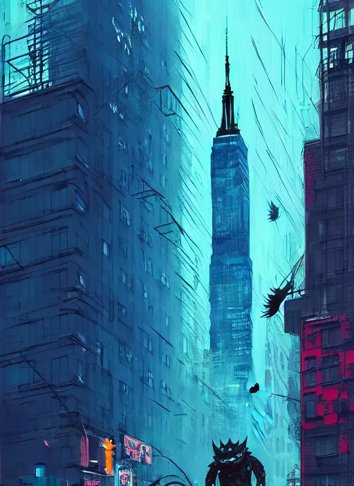 Image similar to kaiju in new york, blue building in the background, art by ismail inceoglu