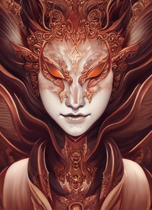 Image similar to a beautiful detailed oil on copper art illustration of a japanese kitsune hannya mask devil woman, centered, by charlie bowater, zeng fanzh, trending on artstation, dim dusk lighting, cinematic lighting, detailed lighting, volumetric lighting, realistic, f 8, 4 k hd wallpaper