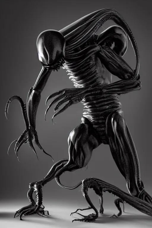 Image similar to neomorph xenomorph design in embrio pose, black, shiny body, hyperrealistic, cinematic lighting