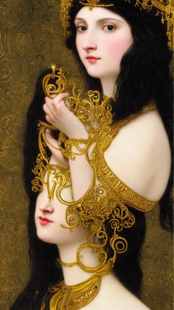 Image similar to painting portrait of a beautiful black haired woman with pale skin and a crown on her head sitted on an intricate metal throne, intricate, elegant, digital painting, smooth, sharp focus, shiny gold, realistic gold, realistic metal, by william - adolphe bouguereau and gustav klimt,