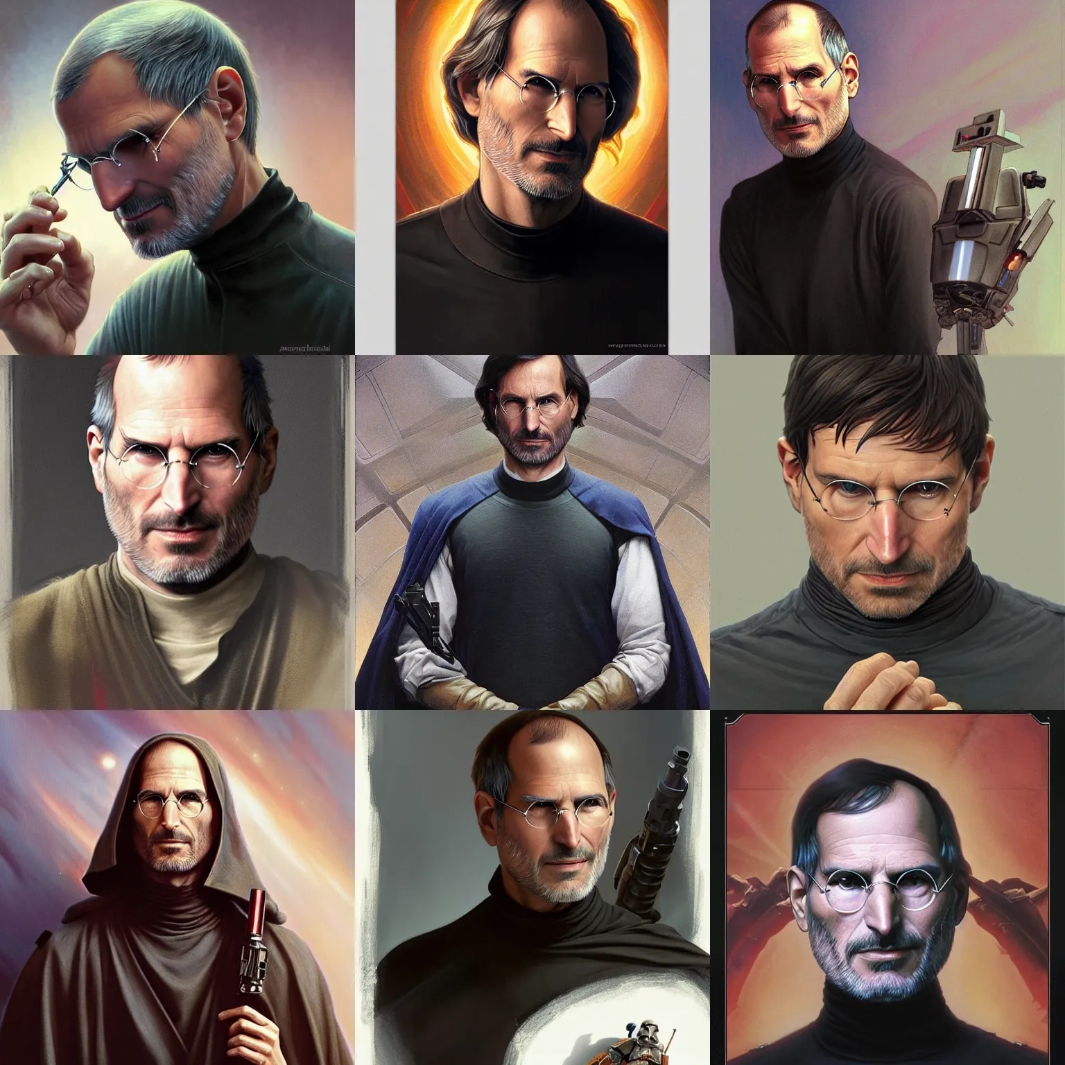 Prompt: Steve Jobs Star Wars movie character, highly detailed, digital fantasy character, painted portrait, artstation, concept art, hard focus, illustrations, works by artgerm and Greg Rutkowski, Alphonse Mucha and Craig Mullins, James Jean, Andrey Ryabovichev, Mark Simonetti and Peter Morbacher, 16k,