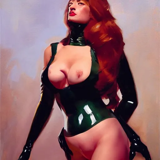 Image similar to greg manchess painting of of a female wearing a latex suit, painting, trending on artstation, by huang guangjian and gil elvgren and sachin teng