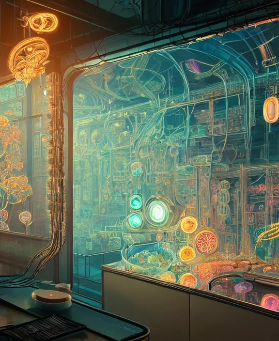 Image similar to intricate opulent transparent clear see - through portrait of microbes, fractal, neon lights, circuitry, dense industrial environment, ultra realistic, concept art, art deco, photorealistic, octane render, 8 k, unreal engine. art by nori inoguchi and sam kaplan and zachary goulko and christopher marley and artgerm and alphonse mucha