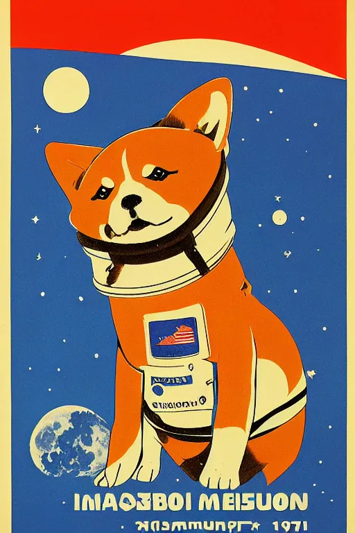 Image similar to Shiba Inu cosmonaut portrait, moon mission, 60s poster, 1968 Soviet Japanese