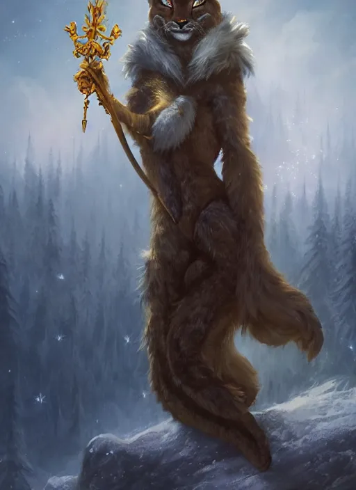 Prompt: lynx holding a golden intricately decorated shiny scepter, night, spruce trees on the sides, mountains in the background, eerie dark atmosphere, moonlit, back light, fantasy art by charlie bowater and yoshitaka amano, trending on artstation