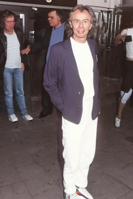 Image similar to Tony Blair with a mullet hair style, dressed in white 1980s tracksuit and trainers, standing outside a nightclub