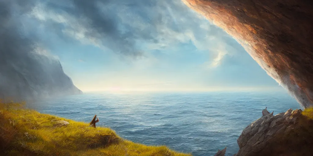 Image similar to Field on the edge of a cliff overlooking an ocean with a whale in it by Jessica Rossier