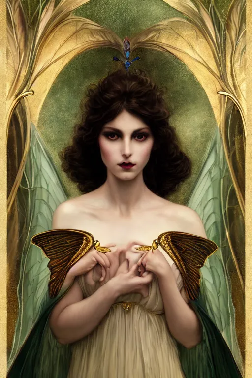 Prompt: a portrait of elegant beautiful queen of the dark fairies, gossamer wings, gold-green eyes, illustration, dramatic lighting, soft details, painting oil on canvas, art nouveau, octane render, HDR, 4k, 8k, HD, by Edmund Blair Leighton, Brom, Charlie Bowater, trending on artstation, faces by Otto Schmit