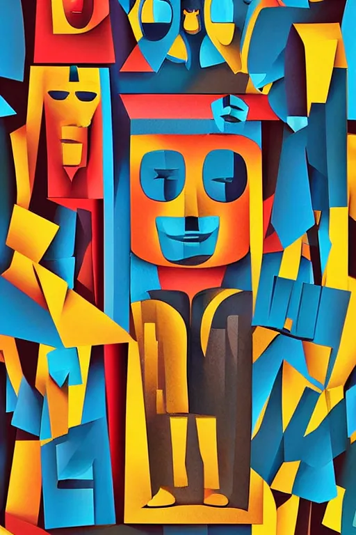 Image similar to cubist moai statue cutout digital illustration cartoon colorful beeple