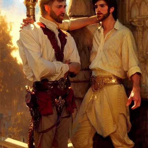 Image similar to attractive fully clothed king confesses his love for his attractive fully clothed male prince. highly detailed painting by gaston bussiere, craig mullins, j. c. leyendecker 8 k