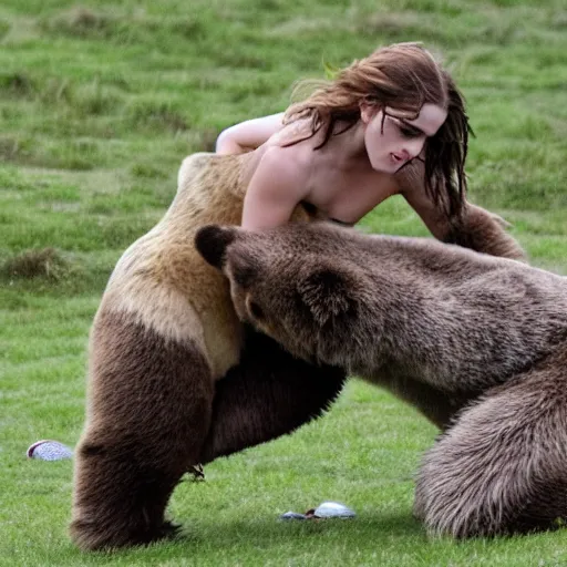 Image similar to emma watson wrestling a bear