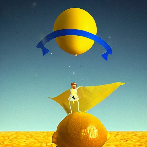 Prompt: lemon with a cape flying to the moon, digital art, highly detailed, cinematic, dramatic lighting