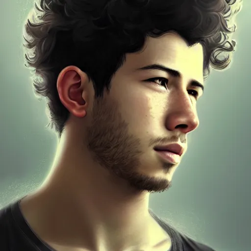 Prompt: Portrait of man with Nick Jonas's Tousled Curls type hair and Indonesian-type skin, atmospheric lighting, intricate detail, cgsociety, ambient light, dynamic lighting, anime style by Yusuke Kozaki