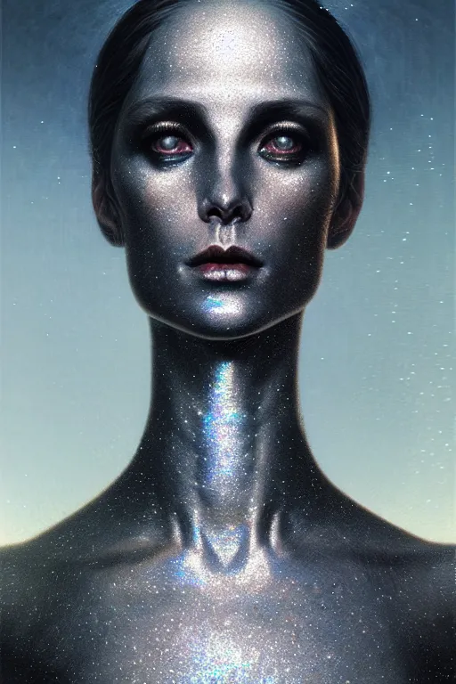 Prompt: pearlescent black lilith! the primordial mother of all monsters!! stares into the sky, covered in iridescent glitter!!, raining ash, fine art masterpiece, highly detailed dino valls wayne barlowe machiej kuciara, dramatic lighting, medium shot, side angle, uhd 8 k, sharp focus