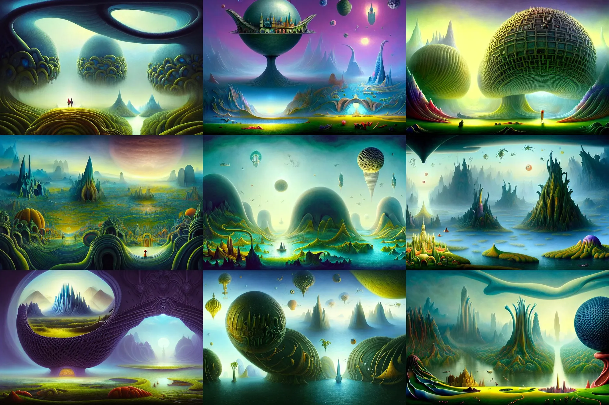 Prompt: a beautiful epic stunning amazing and insanely detailed matte painting of alien dream worlds with surreal architecture designed by Heironymous Bosch, mega structures inspired by Heironymous Bosch's Garden of Earthly Delights, vast surreal landscape and horizon by Asher Durand and Cyril Rolando and Anna Dittmann, rich pastel color palette, masterpiece!!, grand!, imaginative!!!, whimsical!!, epic scale, intricate details, sense of awe, elite, fantasy realism, complex composition, 4k post processing