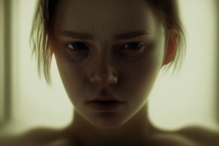 Image similar to an ultra realistic, cinematic, close up portrait, of a young woman, soft light, dreamy, facial features, stood in a cell, with prison clothing, detailed, deep focus, movie still, dramatic lighting, ray tracing, by michal karcz and yoshitaka and david cronenberg