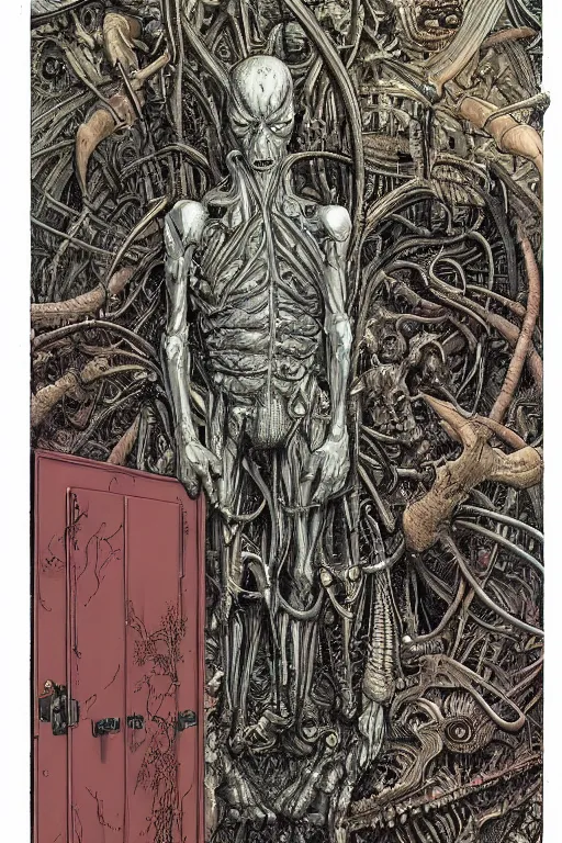 Prompt: a doorway to an impossible nightmare beyond comprehension, very very detailed painting by geof darrow and greg rutowski and hr giger