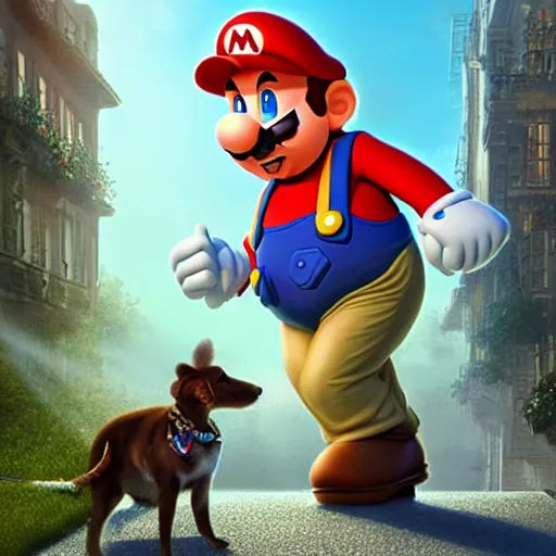 Image similar to john lock as mario walking a dog, plumbing jungle, detailed, centered, digital painting, artstation, concept art, donato giancola, joseph christian leyendecker, wlop, boris vallejo, breathtaking, 8 k resolution, extremely detailed, beautiful, establishing shot, artistic, hyperrealistic, beautiful face, octane render, cinematic lighting, dramatic lighting, masterpiece