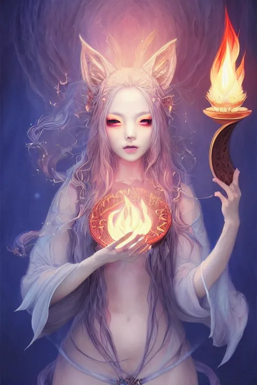 Prompt: gorgeous!!! hyper - realstic kitsune sorceress, holding a tattered magical book, casting a flame spell, blue flames, surrounded by tiny spirits | drawn by wlop, drawn by jeehyung lee, drawn by artgerm | fantasy, dark, intricate, highly detailed, digital painting, character design, concept art, illustration, artstation