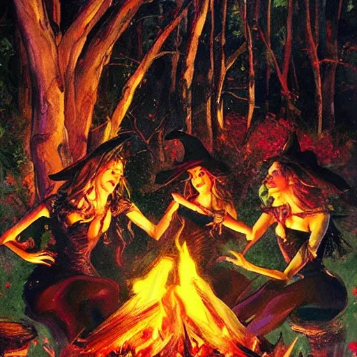 Prompt: a beautiful painting of witches dancing over a fire pit in a forest by Bill Sienkiewicz, trending on Artstation