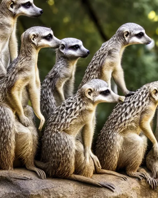 Prompt: multicolored meerkats stand in a circle, statue, city park