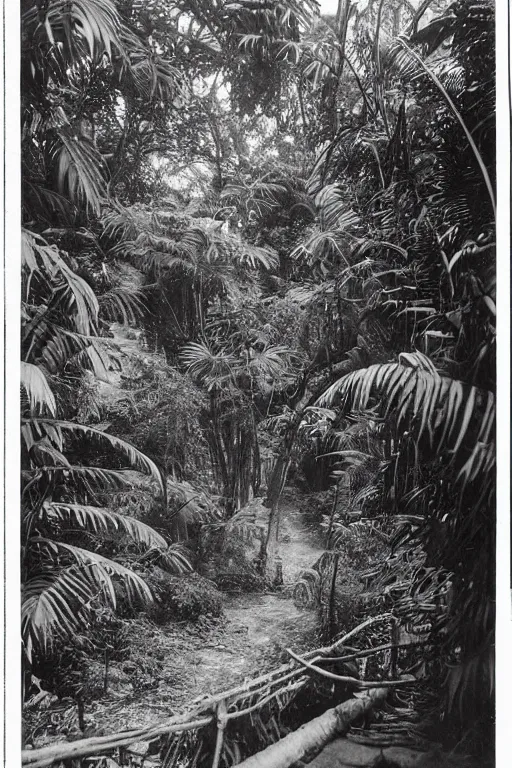 Prompt: alien buildings inside a jungle, black and white photography, year 1 9 0 0