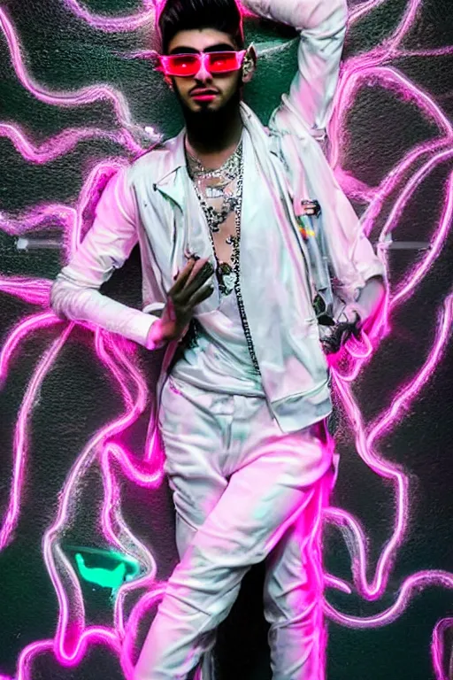 Image similar to full-body rococo and cyberpunk style neon statue of a young attractive Zayn Malik wearing cholo shades macho dotado e rico android sim roupa reclining con las piernas abertas e la piroca dura, ethereal white dripping tar, glowing white lasers, pink tigers, glowing eyes, silver prince crown, black gears, pink diamonds, swirling mint-colored silk fabric. futuristic elements. full-length view. human skulls. large intricate artwork by caravaggio. Trending on artstation, octane render, cinematic lighting from the right, hyper realism, octane render, 8k, depth of field, 3D