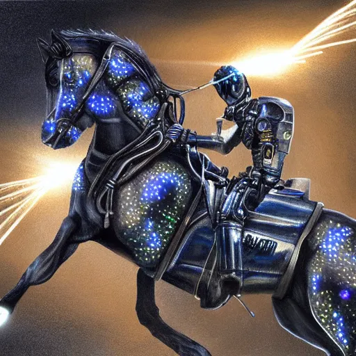 Prompt: a hyper realistic and detailed painting of a cybernetic horse leaving sparks on lighting in it's trails